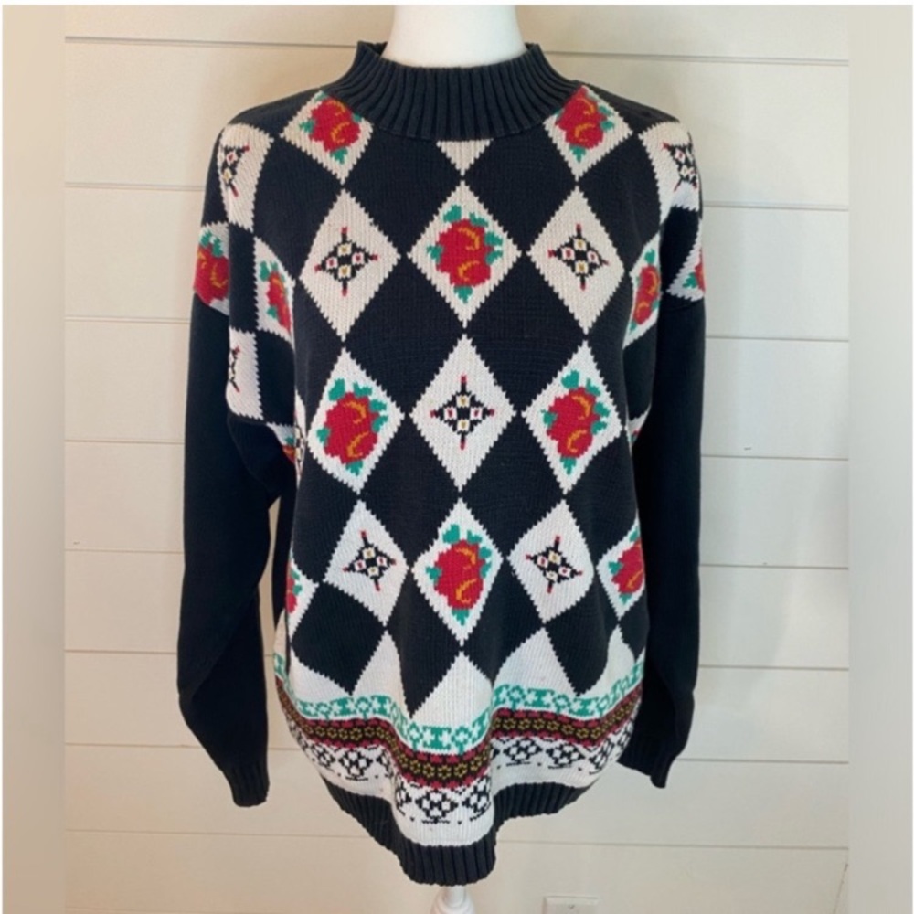 Vintage Women's 100% Cotton Argyle Diamond Knit Mockneck Sweater MD Grandmacore